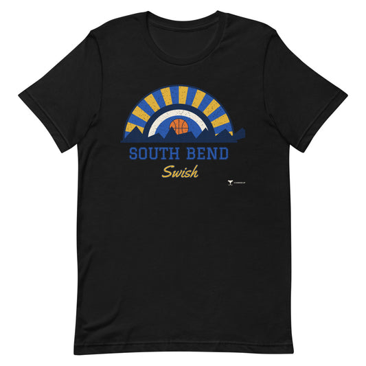 South Bend Swish Unisex Tee in black, design printed on the front, front view