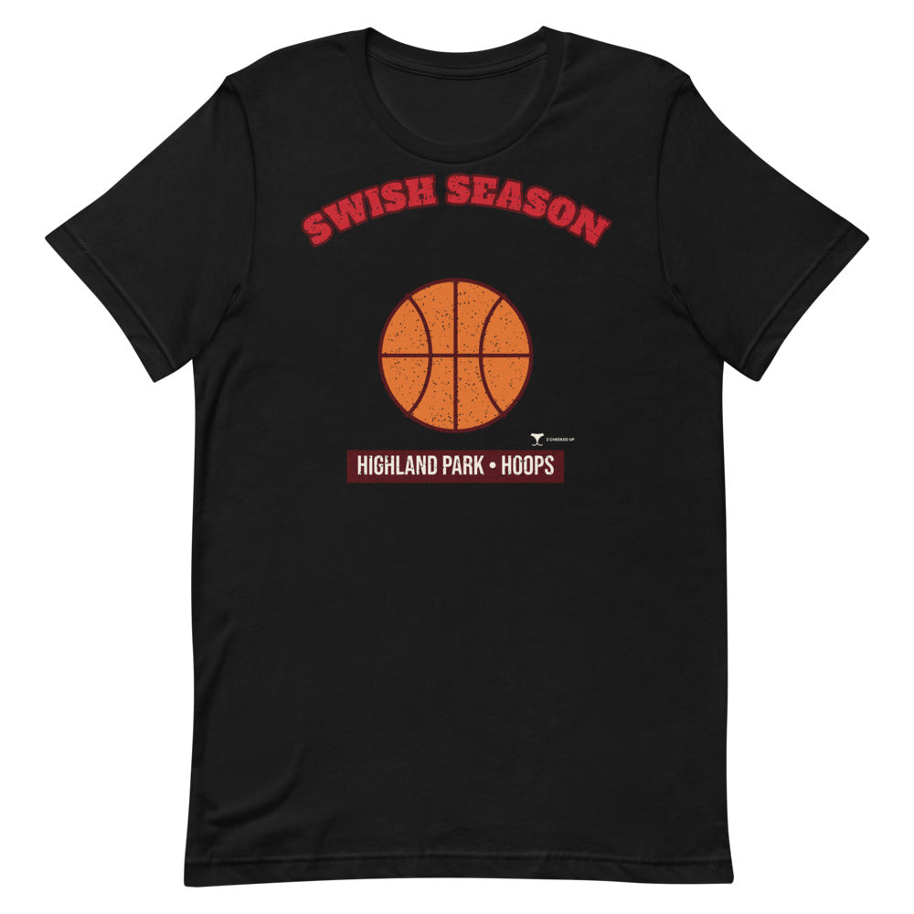 Highland Park Swish Season Unisex Tee in black, design printed on the front, front view