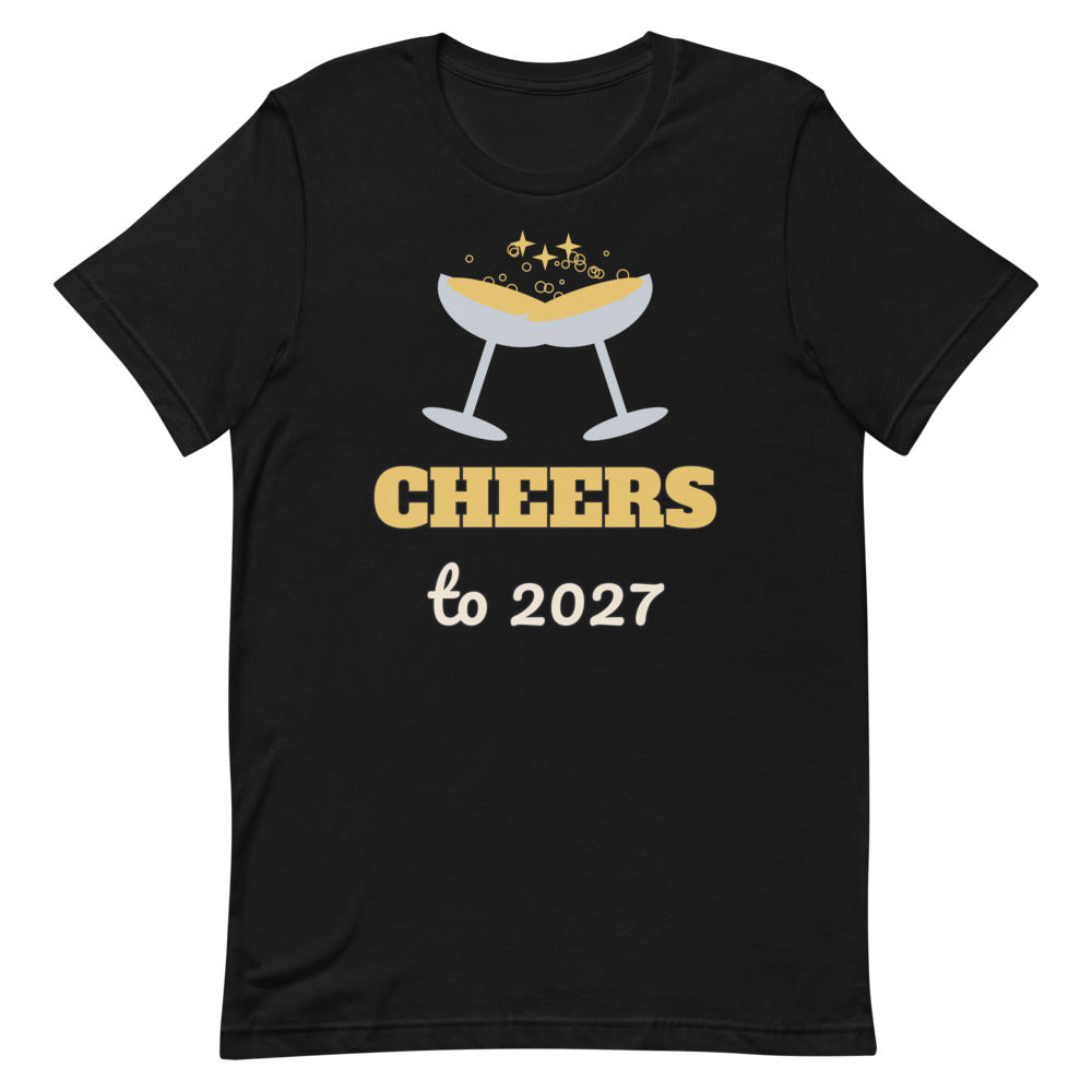 Cheers to 2027 Unisex Tee in black, design printed on the front, front view