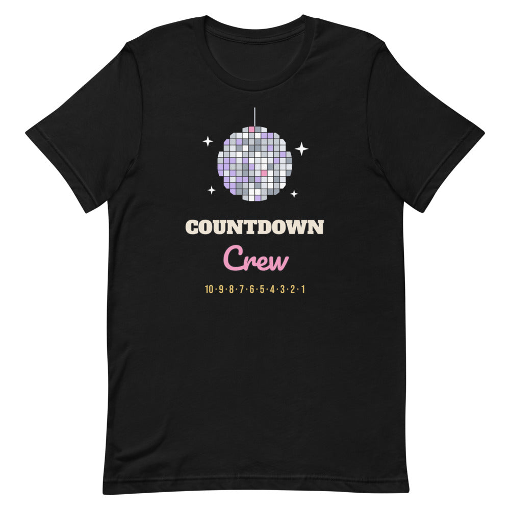 Countdown Crew Unisex Tee in black, design printed on the front, front view