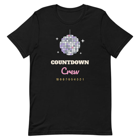Countdown Crew Unisex Tee in black, design printed on the front, front view