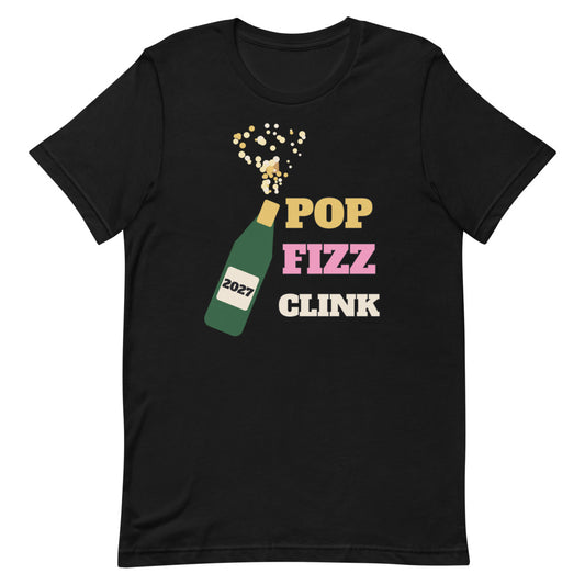 Pop Fizz Clink Unisex Tee in black, design printed on the front, front view