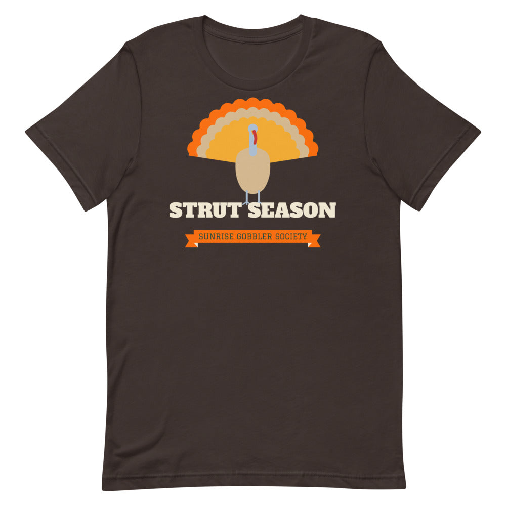 Strut Season Gobbler Society Unisex Tee in brown, design printed on the front, front view