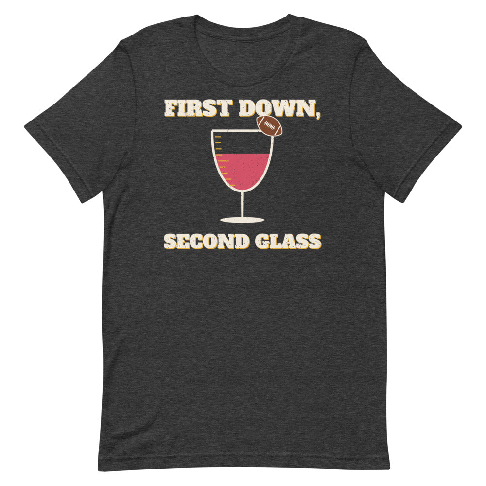 First Down, Second Glass Unisex Tee in dark grey heather, front view