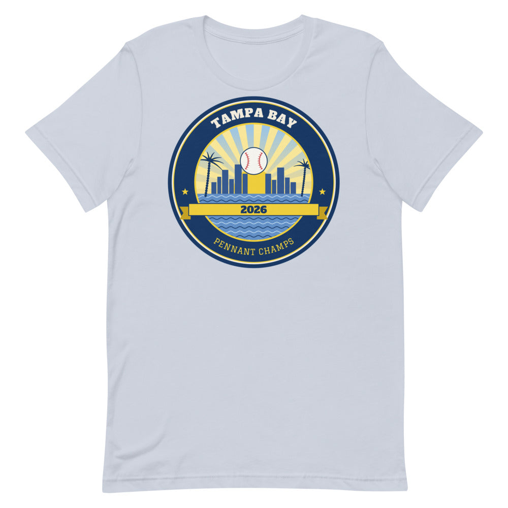 Tampa Bay 2026 Pennant Champs Unisex Tee in light blue, design printed on the front, front view