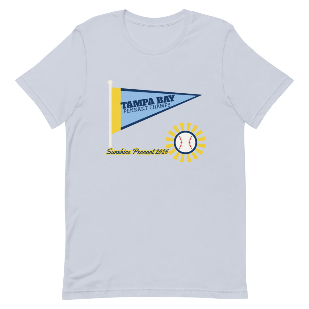 Tampa Bay Sunshine Pennant 2026 Unisex Tee in light blue, design printed on the front, front view