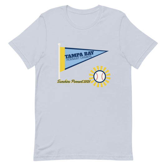 Tampa Bay Sunshine Pennant 2026 Unisex Tee in light blue, design printed on the front, front view