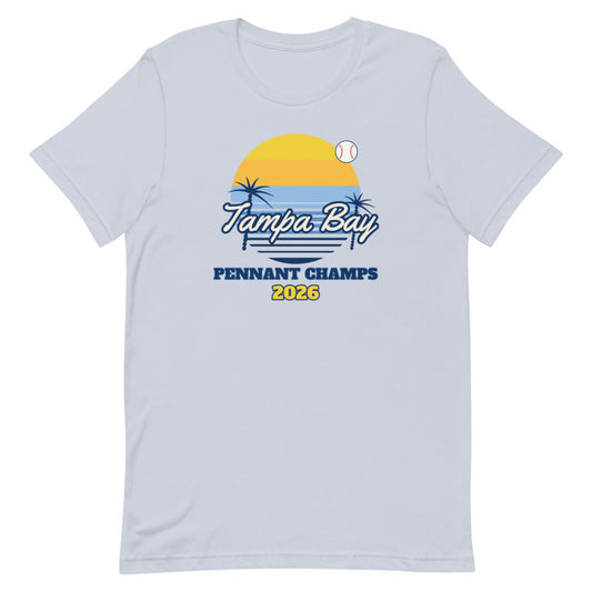 Tampa Bay Sunset Champs 2026 Unisex Tee in light blue, design printed on the front, front view