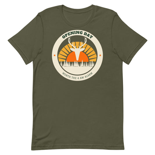 Opening Day Sunrise Unisex Tee in military green, design printed on the front, front view