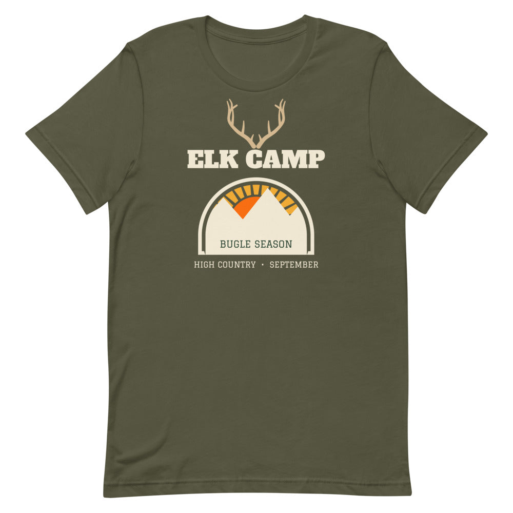 Elk Camp Bugle Season Unisex Tee in military green, design printed on the front, front view