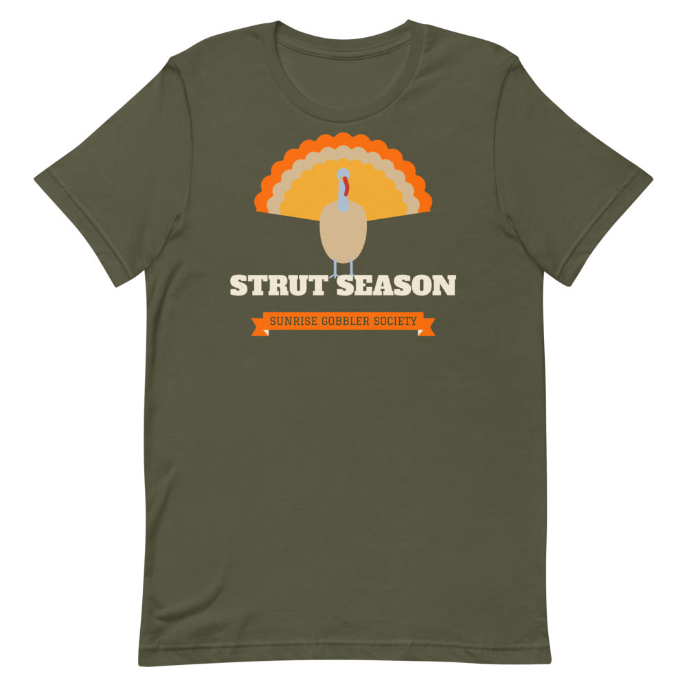 Strut Season Gobbler Society Unisex Tee in military green, design printed on the front, front view