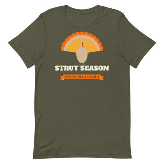 Strut Season Gobbler Society Unisex Tee in military green, design printed on the front, front view