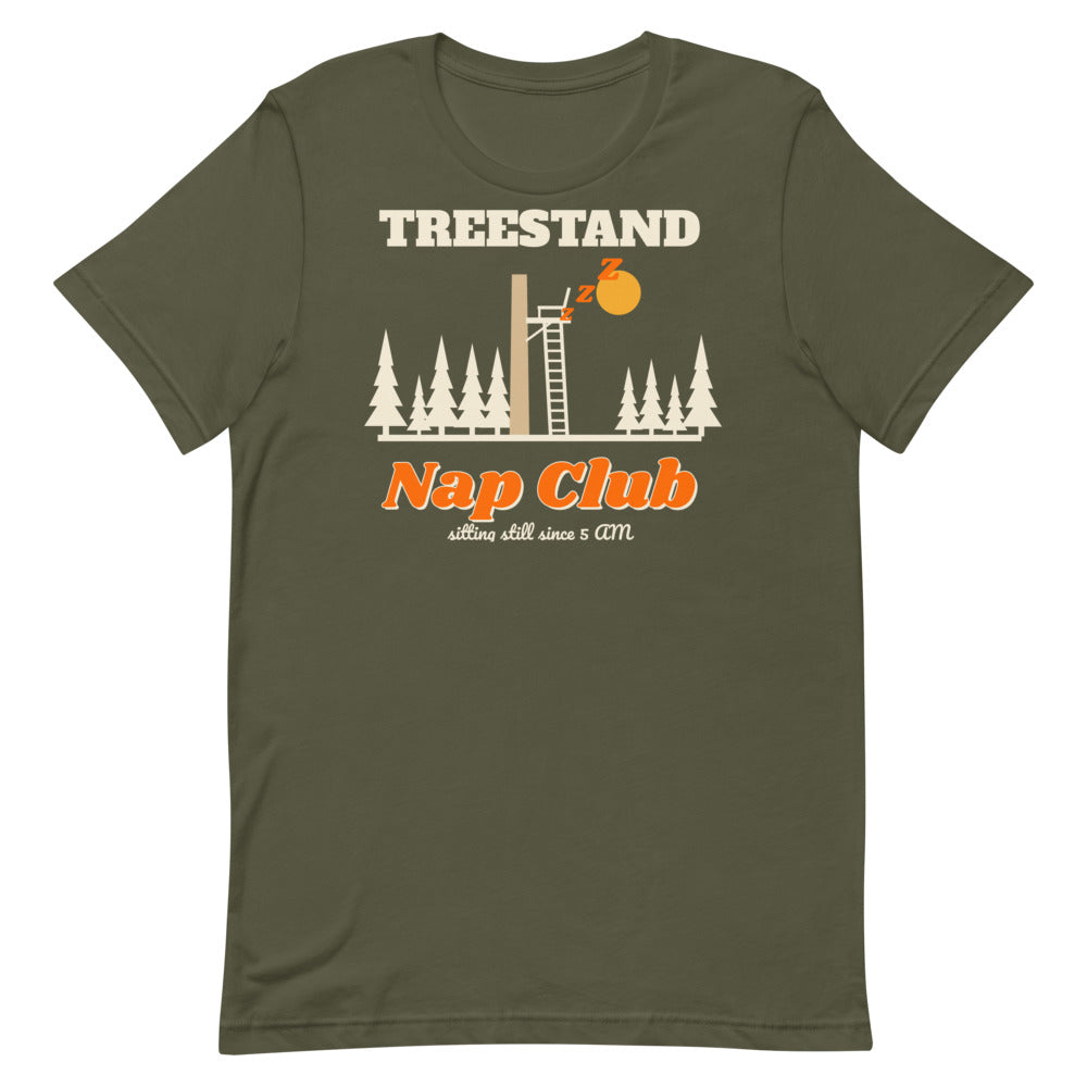 Treestand Nap Club Unisex Tee in military green, design printed on the front, front view