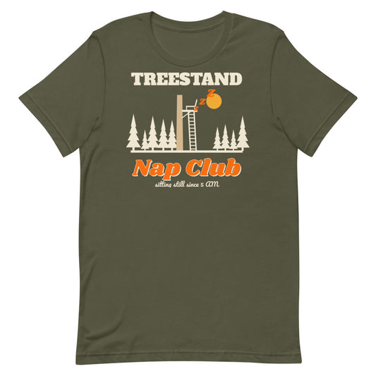 Treestand Nap Club Unisex Tee in military green, design printed on the front, front view