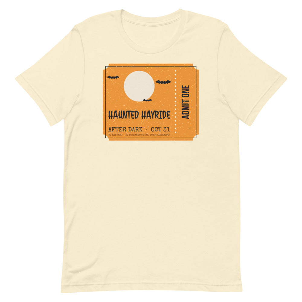Haunted Hayride Unisex Tee in natural, design printed on the front, front view