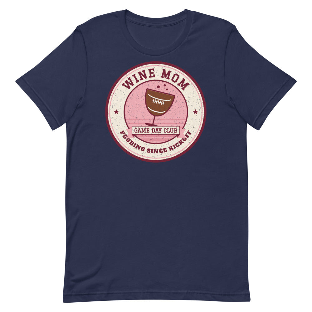 Wine Mom Game Day Club Unisex Tee in navy, front view