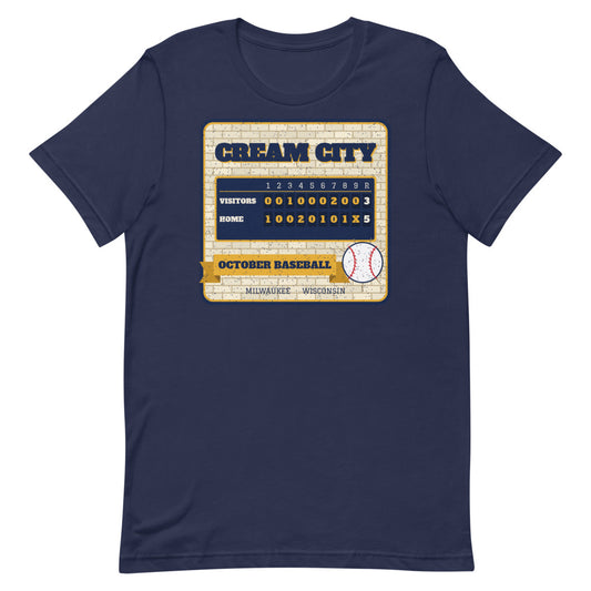 Cream City October Baseball Unisex Tee in navy, front view