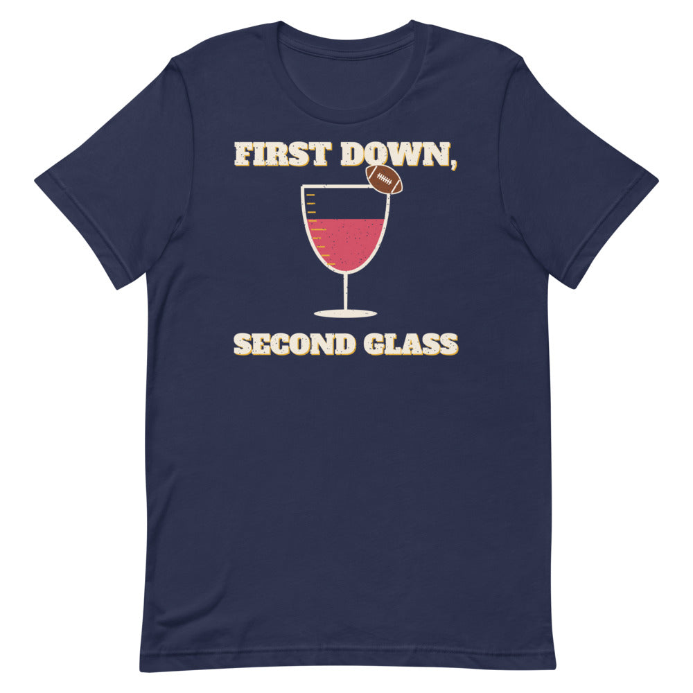 First Down, Second Glass Unisex Tee in navy, front view