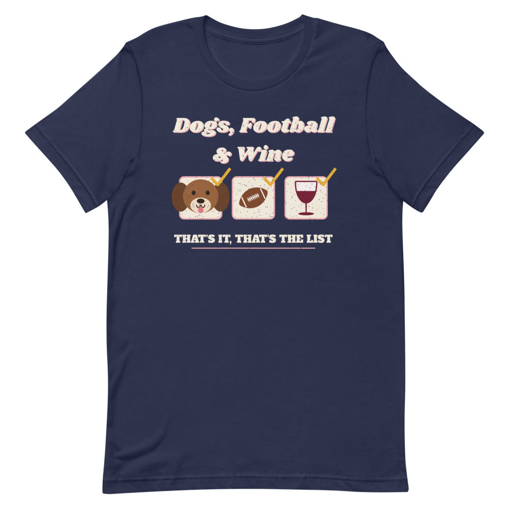 Dog Mom Football & Wine List Unisex Tee in navy, front view