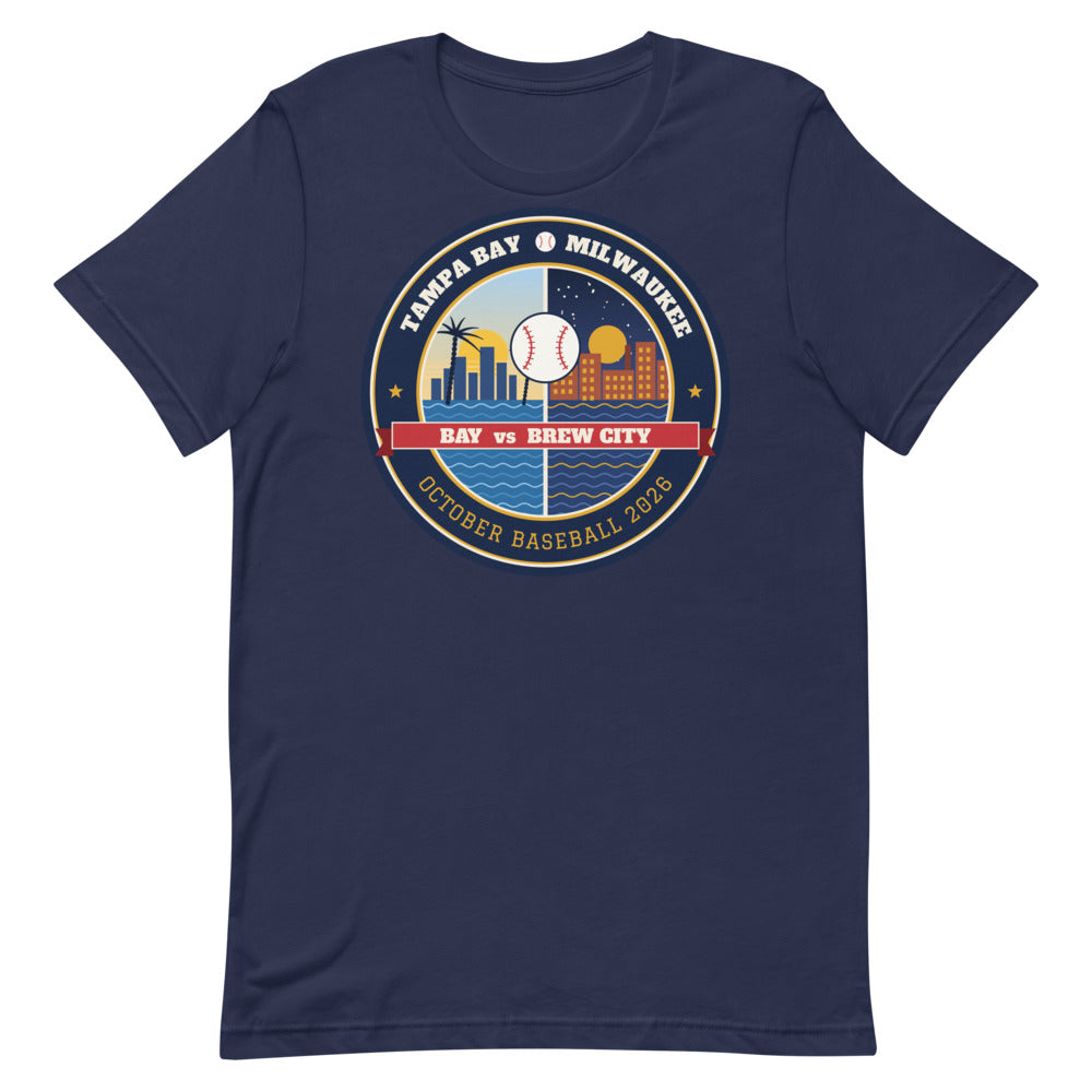 Bay vs Brew City October Baseball Unisex Tee in navy, front view