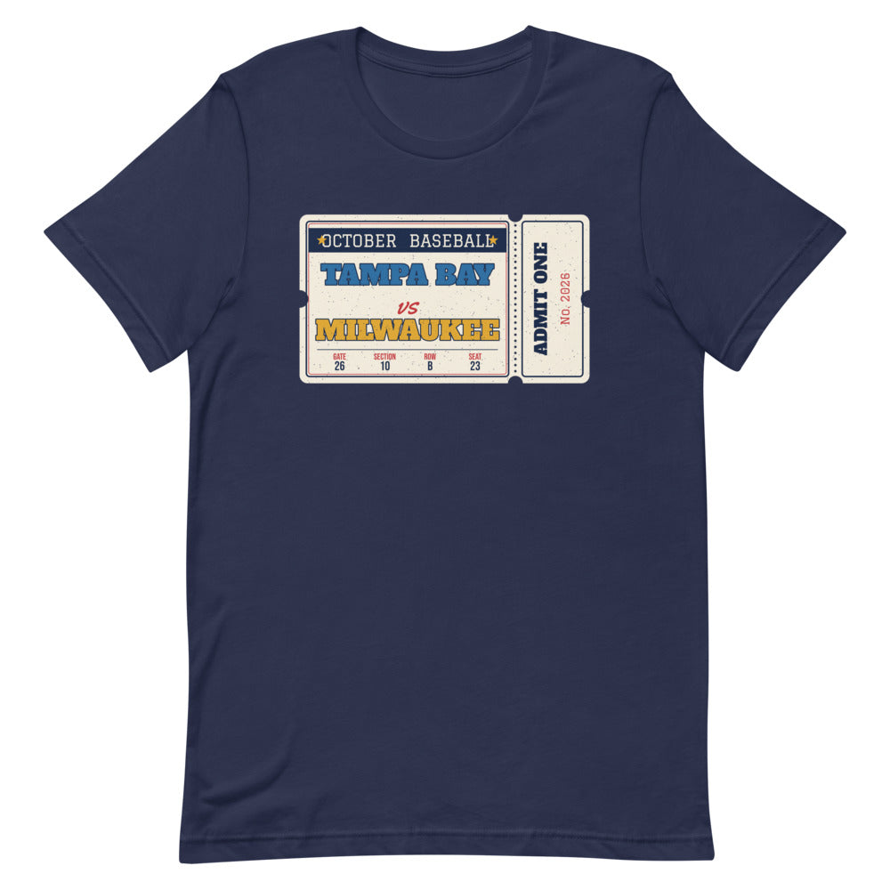 Tampa Bay vs Milwaukee Retro Ticket Unisex Tee in navy, front view