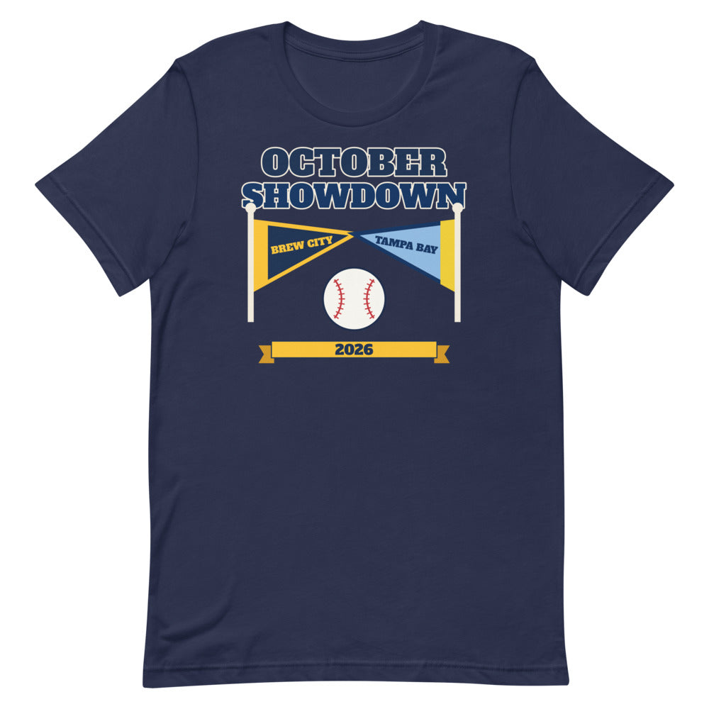 October Showdown 2026 Unisex Tee in navy, design printed on the front, front view