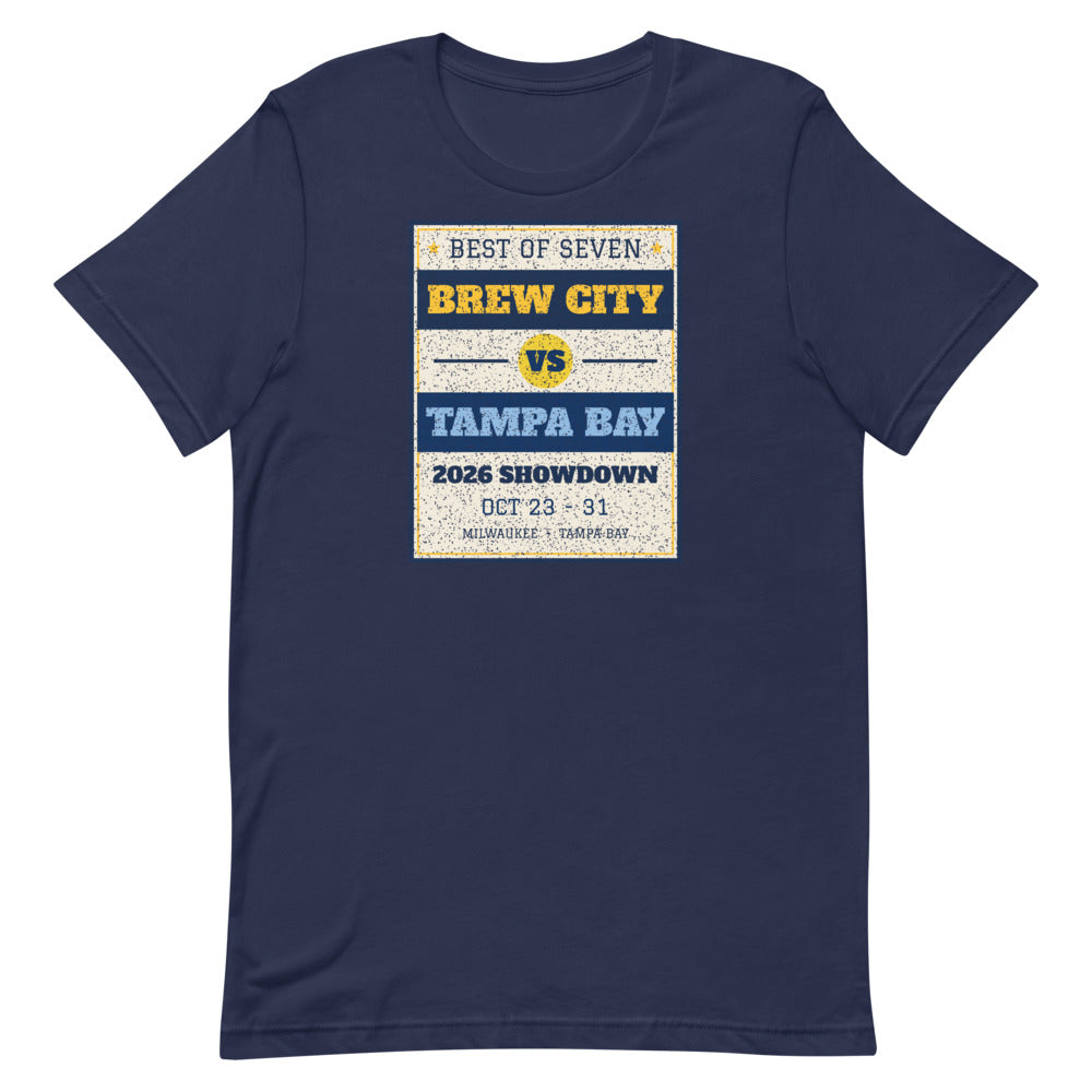 Brew City vs Tampa Bay 2026 Showdown Unisex Tee in navy, design printed on the front, front view