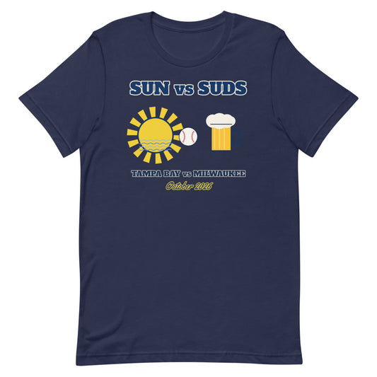 Sun vs Suds Tampa Bay vs Milwaukee Unisex Tee in navy, design printed on the front, front view