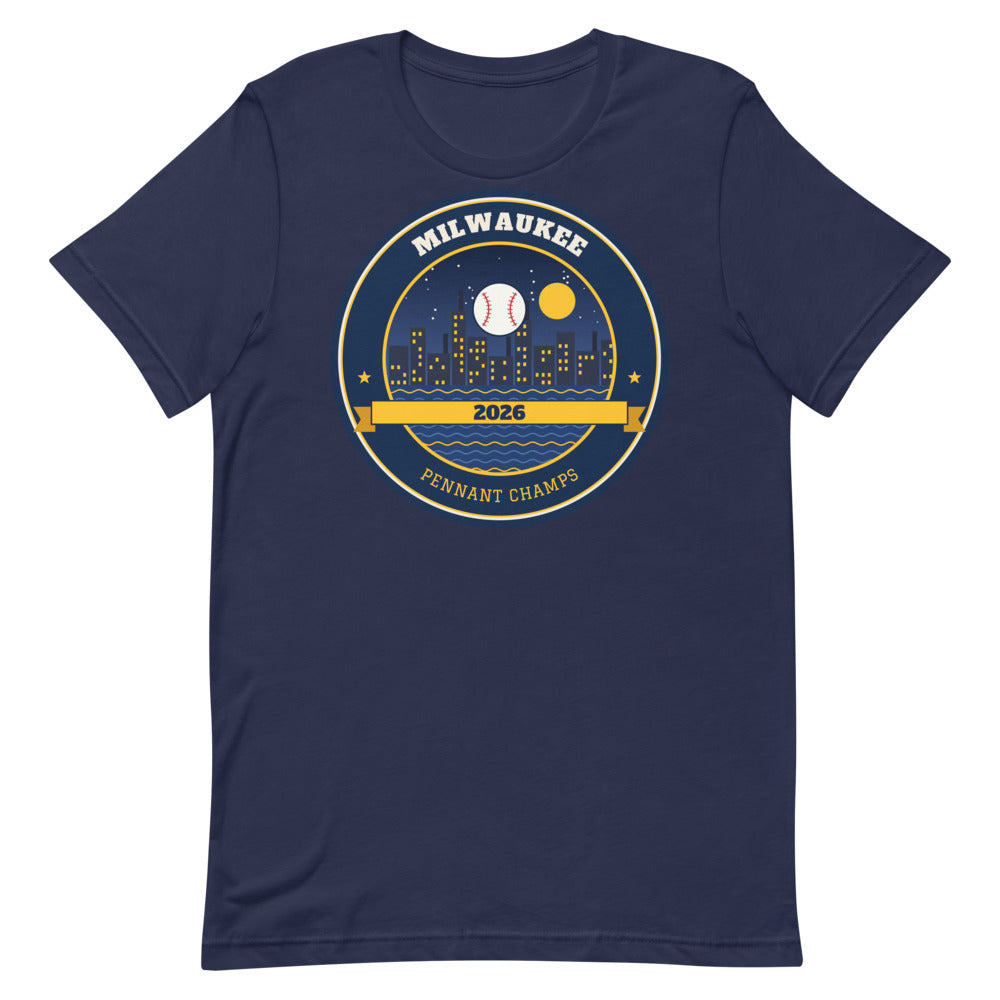 Milwaukee 2026 Pennant Champs Unisex Tee in navy, design printed on the front, front view