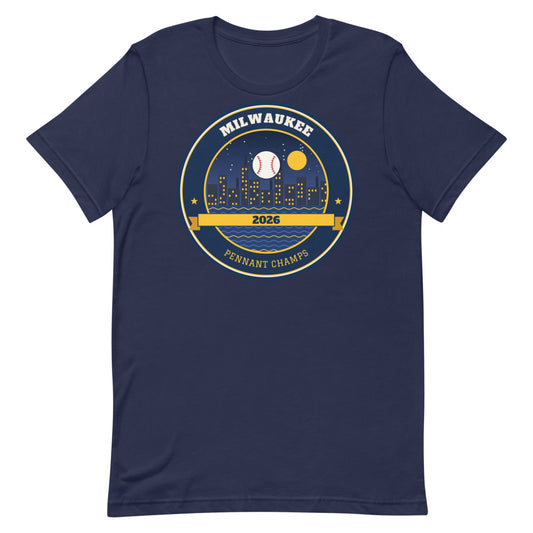 Milwaukee 2026 Pennant Champs Unisex Tee in navy, design printed on the front, front view