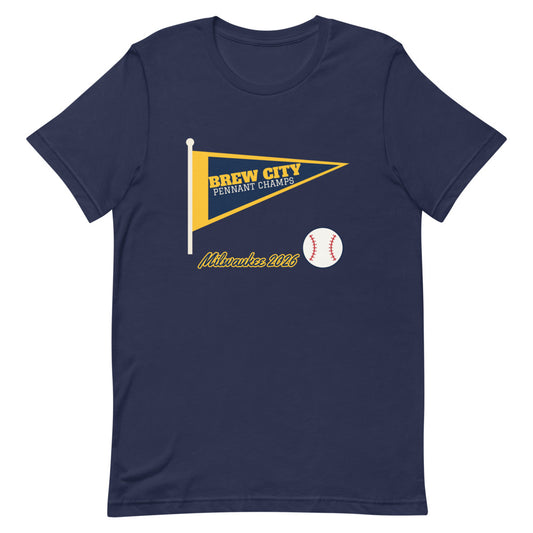 Brew City Pennant 2026 Unisex Tee in navy, design printed on the front, front view