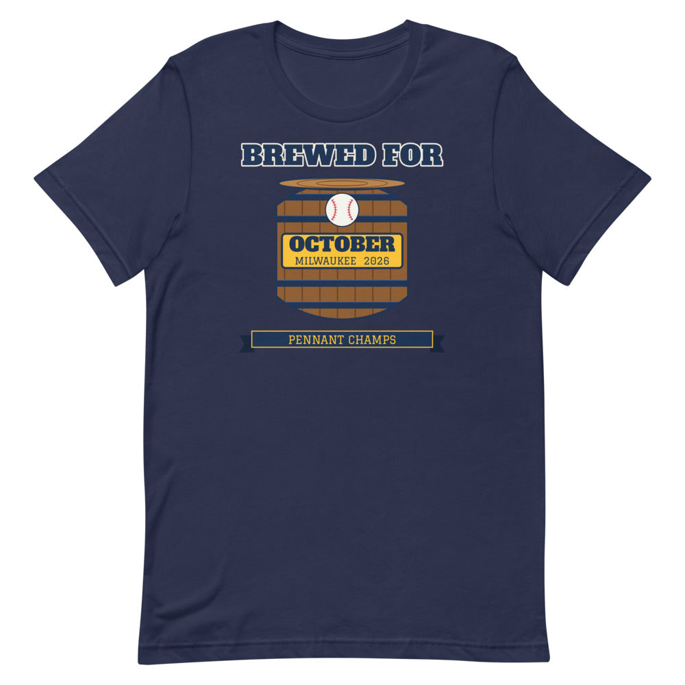 Brewed for October Milwaukee 2026 Unisex Tee in navy, design printed on the front, front view