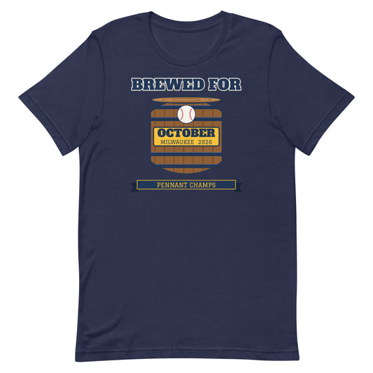 Brewed for October Milwaukee 2026 Unisex Tee in navy, design printed on the front, front view