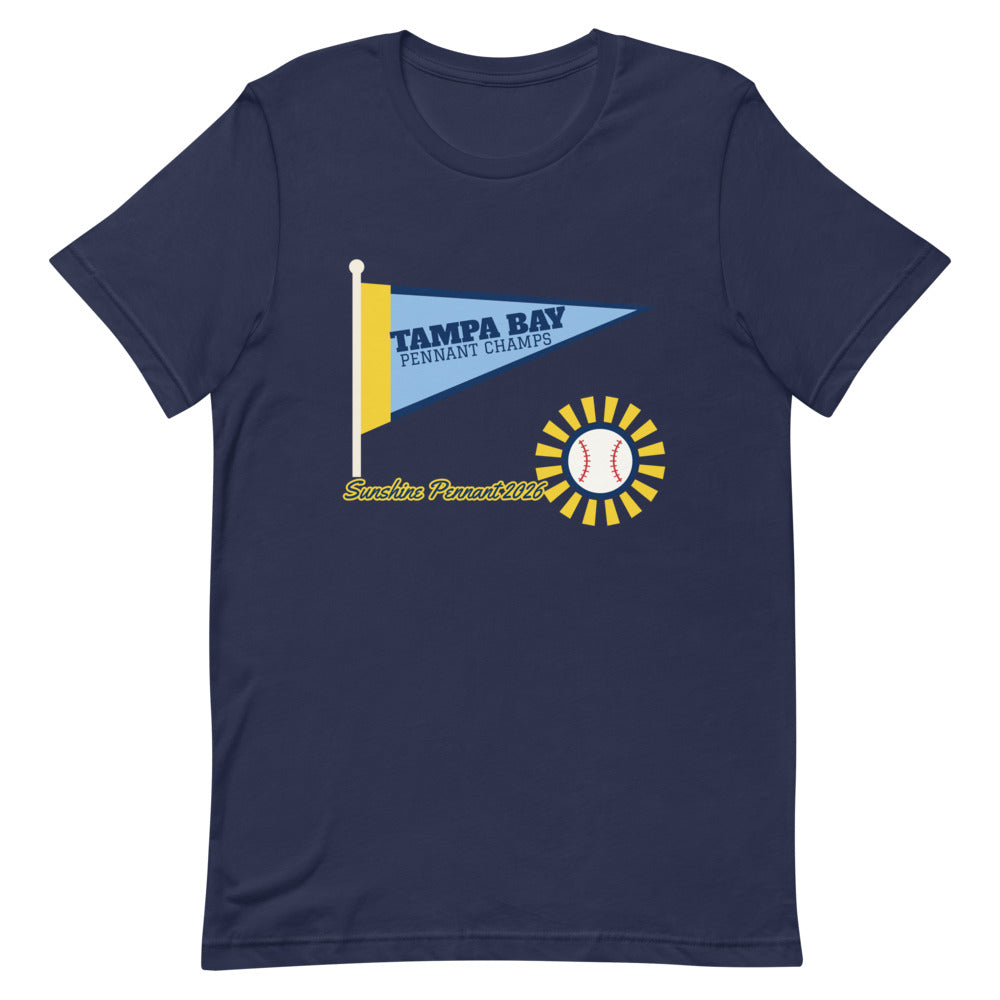 Tampa Bay Sunshine Pennant 2026 Unisex Tee in navy, design printed on the front, front view