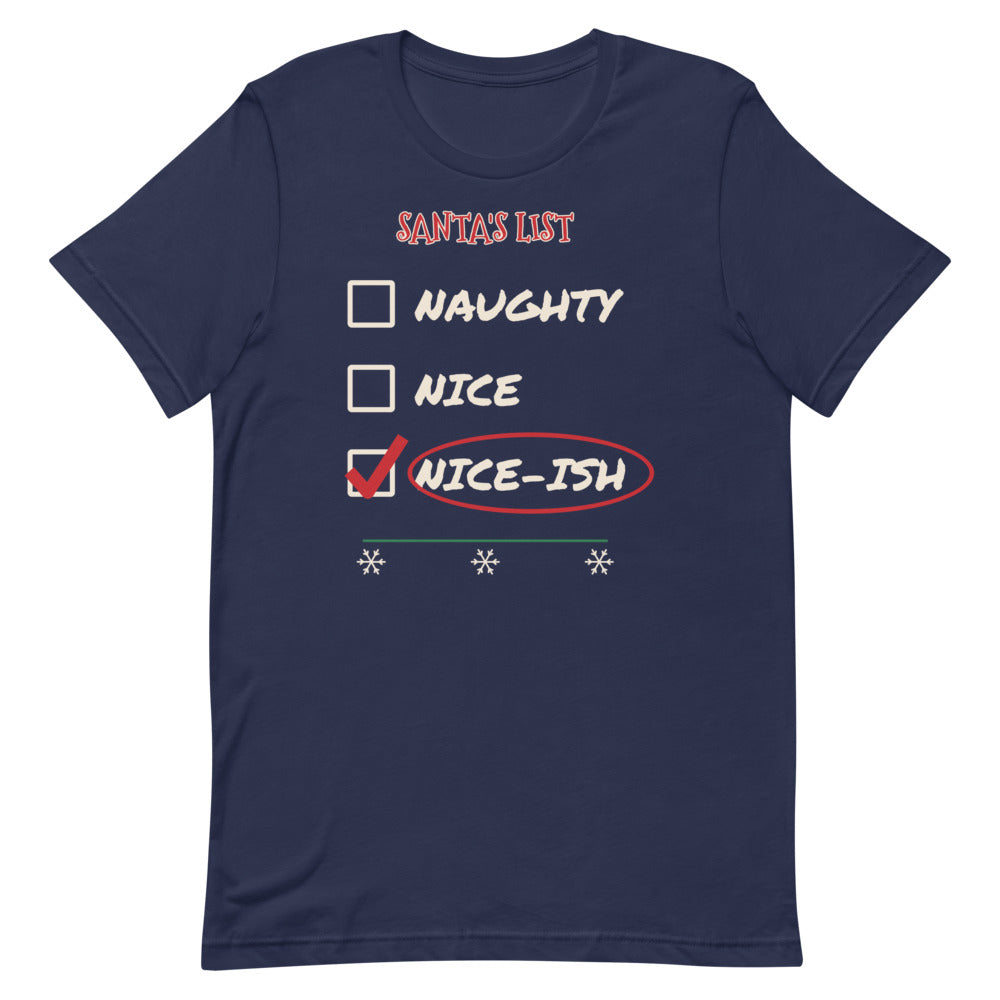 Nice-ish Unisex Tee in navy, design printed on the front, front view