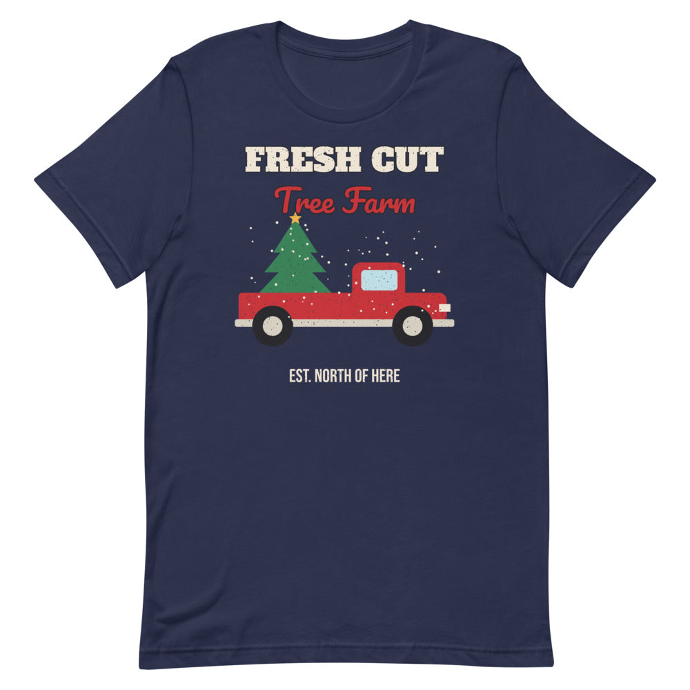 Fresh Cut Tree Farm Unisex Tee in navy, design printed on the front, front view