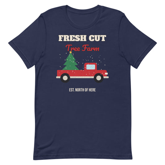 Fresh Cut Tree Farm Unisex Tee in navy, design printed on the front, front view