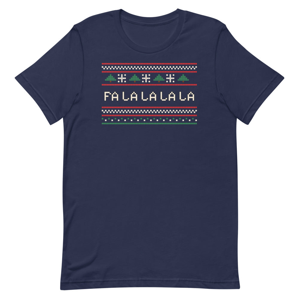 Fa La La Knit Unisex Tee in navy, design printed on the front, front view