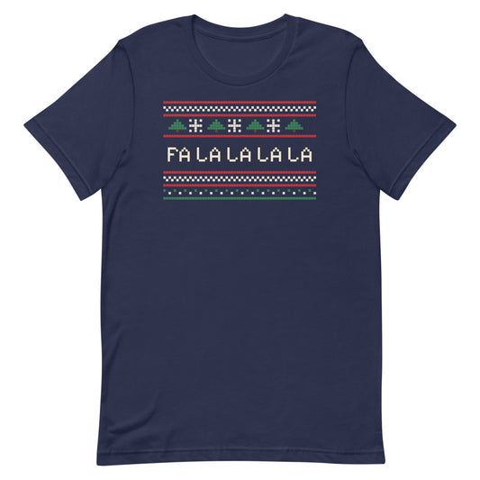 Fa La La Knit Unisex Tee in navy, design printed on the front, front view