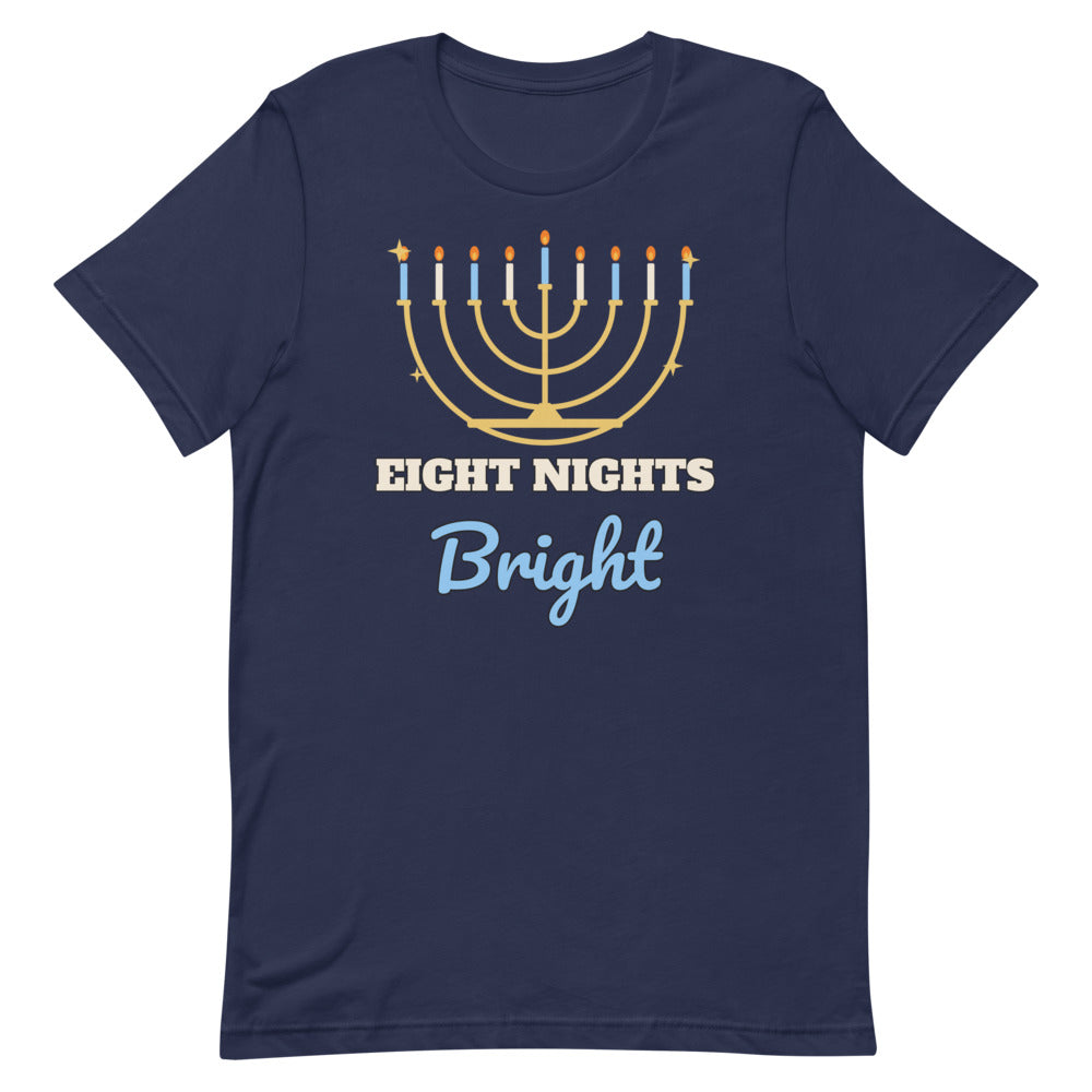 Eight Nights Bright Unisex Tee in navy, design printed on the front, front view