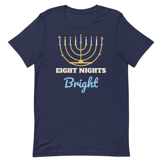 Eight Nights Bright Unisex Tee in navy, design printed on the front, front view