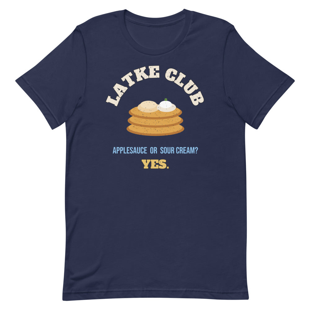 Latke Club Unisex Tee in navy, design printed on the front, front view