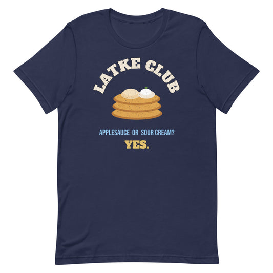 Latke Club Unisex Tee in navy, design printed on the front, front view