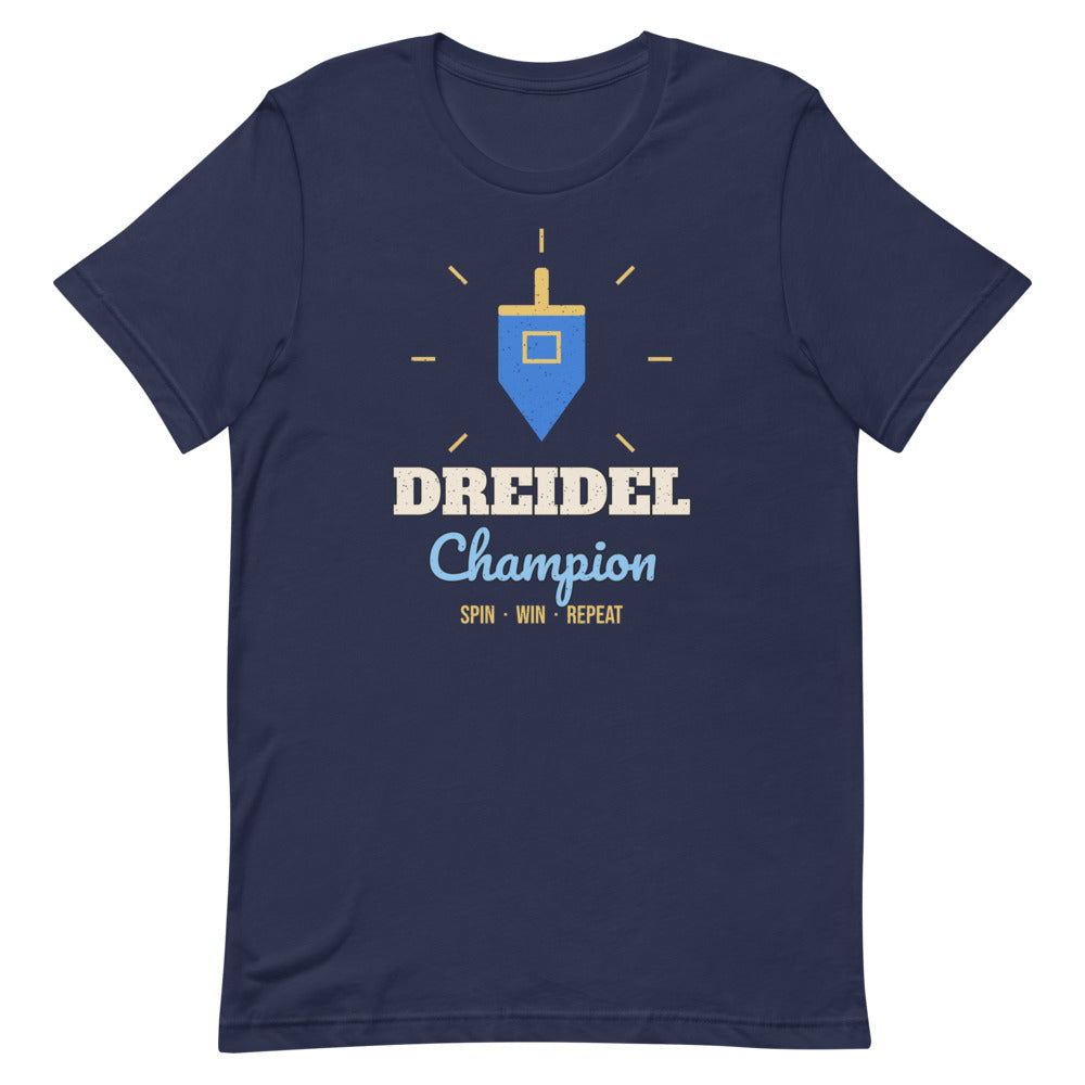 Dreidel Champion Unisex Tee in navy, design printed on the front, front view