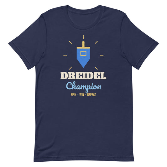 Dreidel Champion Unisex Tee in navy, design printed on the front, front view