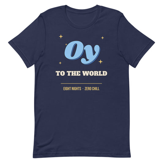 Oy to the World Unisex Tee in navy, design printed on the front, front view