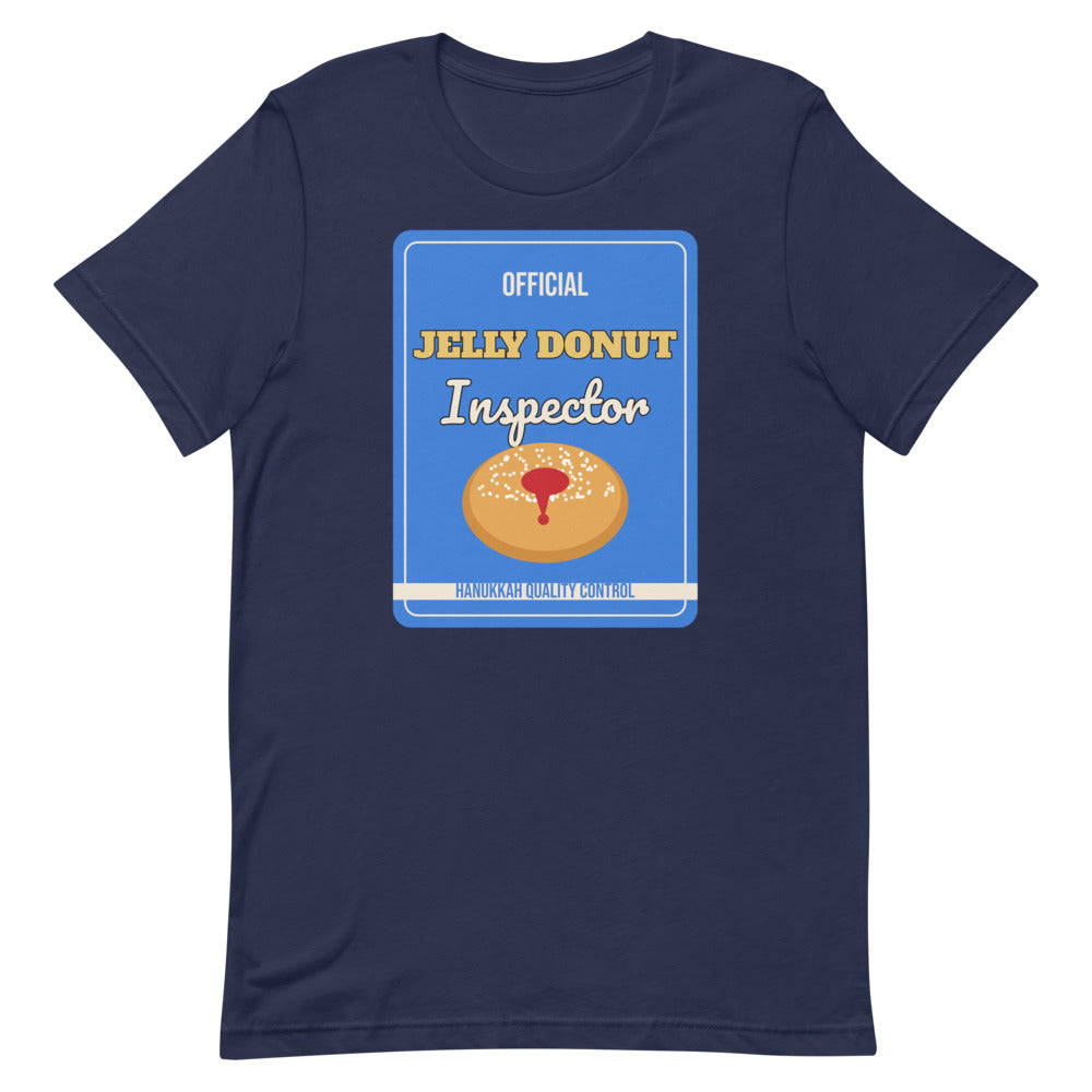 Jelly Donut Inspector Unisex Tee in navy, design printed on the front, front view