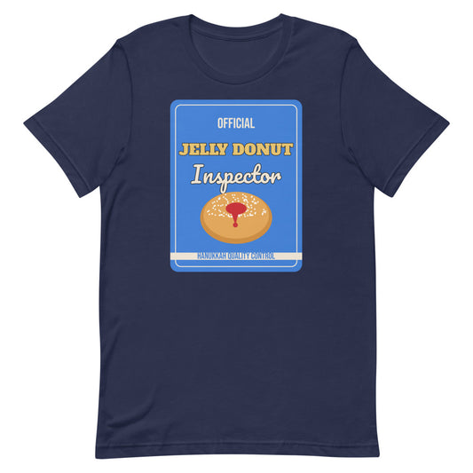 Jelly Donut Inspector Unisex Tee in navy, design printed on the front, front view