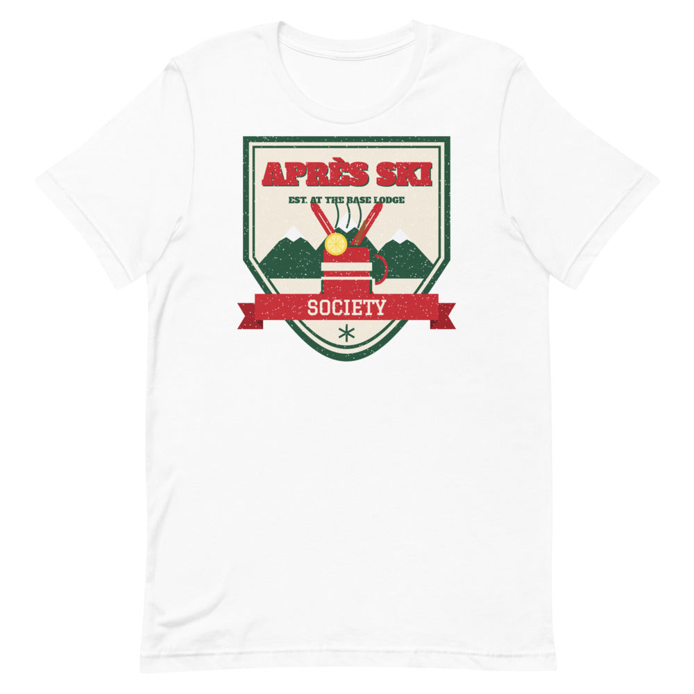 Après Ski Society Unisex Tee in white, front view