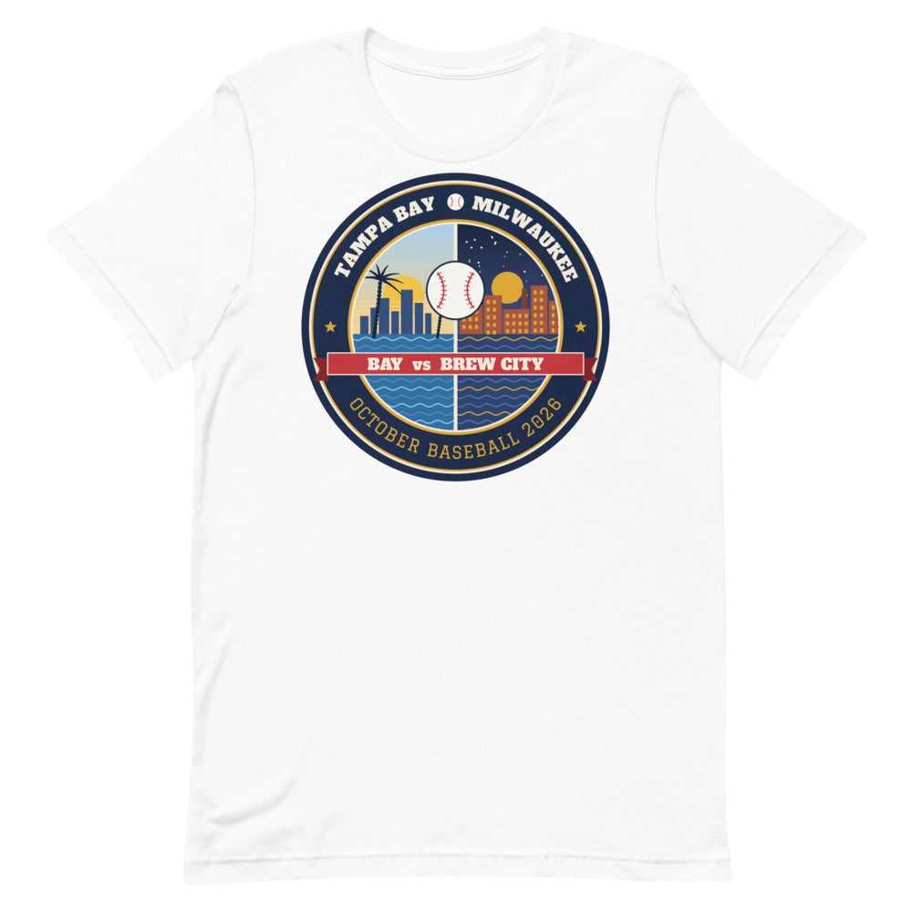 Bay vs Brew City October Baseball Unisex Tee in white, front view